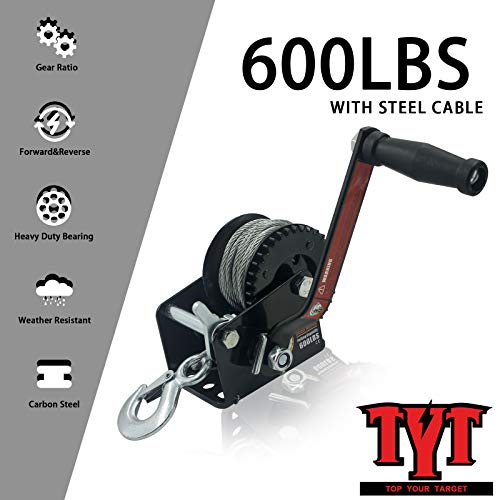 TYT 600lbs Boat Trailer Winch With 6M Steel Cable Wire, Hardened Steel Gear Heavy Duty Hand