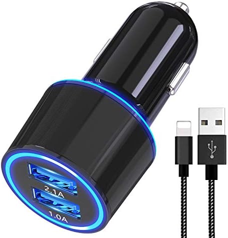 Car Charger, Two Port USB Car Charger 3.1A Adapter with 6 ft Charging Cable Compatible i Phone X/8/8 Plus/7/6s/6s Plus 5S 5 5C SE,iPad More