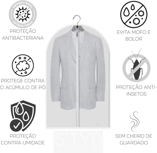 Kit 5 Capas Protetoras para Roupas com Zíper Transparente, 60x120cm, Impermeável e Anti Poeira, Ideal para Terno, Vestido, Casaco, Jaqueta e Organização de Guarda-Roupa