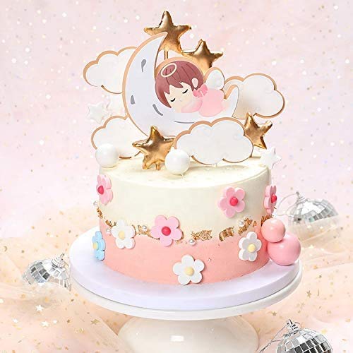 9 pcs Baby Angel Cake Topper with Clouds and Stars for Birthday Baby Shower and Gender Reveal Cake Decoration, Cake and Cupcake Decoration, Birthday Cake Decorations (Baby Girl)