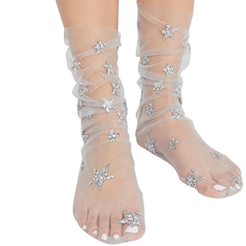 SUKEQ Lace Socks, Women Soft Glitter Lace Socks Fishnet Ankle High Socks Mesh Socks Transparent Sheer Dress Socks Hosiery Socks (Pink) (Gray)