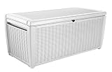 Keter Sumatra 135 Gallon Resin Rattan Look Outdoor Deck Box for Patio Furniture Cushions, Garden Tools, Toys, and Pool Storage, White