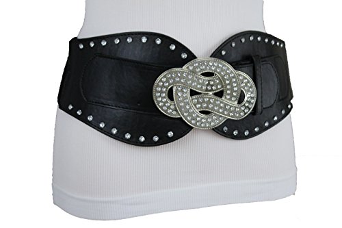 TFJ Women Fashion Elastic Wide Belt High Waist Hip Silver Infinity Buckle S M Black