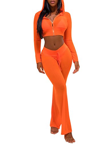 Womens See Though Sheer Mech Hoodies Crop Top Pants Set 2 Piece Outfits S Orange