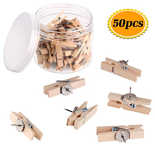 Push Pins with Wooden Clips Thumb Tacks Office Thumbtack Map Pushpins for corkboard Decorative Artworks Notes Photos and Craft Projects (50 Pack)