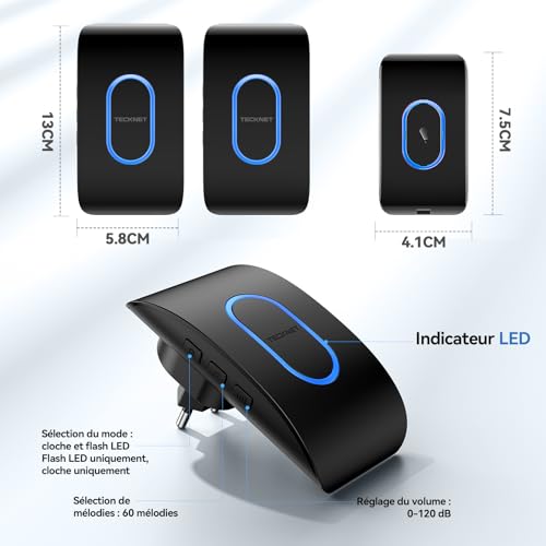 TECKNET Waterproof Outdoor Wireless Doorbell with 2 Receivers, 400 m Range, IP65 Waterproof Chime, 60 Melodies and 5 Levels Volume, Blue LED Indicator, for Home, Hotel – Black