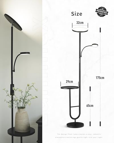 Stehlampe mit Tisch, 36W+7W LED Stehlampe dimmbar 3200LM+600LM Moderne Stehleuchte Wohnzimmer & Deckenfluter mit Fernbedienung, 2700K-6500K Schwarz