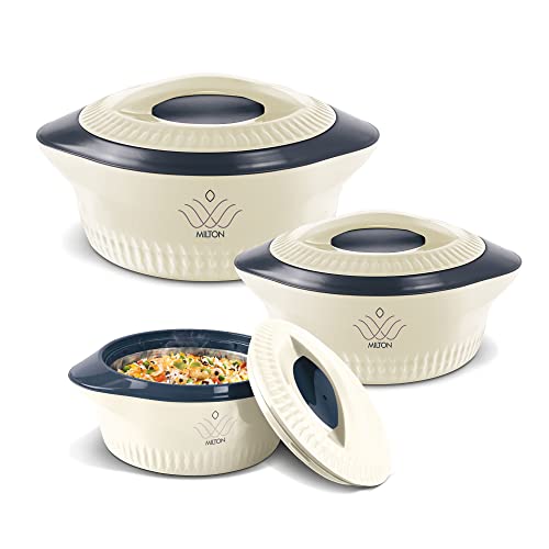 Milton Casserole for hot food, Double walled insulated inner Stainless Steel hot pot with lid, serving box for food and roti, insulated serving bowl with lid, Set of 3 Royal, Cream