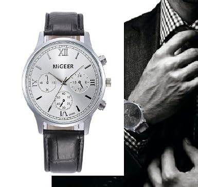 Analogue Alloy Quartz Silver Dial Mens Leather Band Wristwatch (8435)