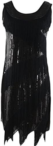 Syne Sun Women's 1920s Gatsby Retro Sequined Embellished Fringed Flapper Dress (Black)