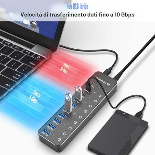 USB Hub Powered, RSHTECH USB 3.2/USB C Hub 10 Ports with USB-A 3.2 and 2x USB-C 3.2 10Gbps Data Ports, 7 USB-A 3.0 Ports and 12V/5A 60W Power, Individual Switches USB HUB, RSH-ST10C