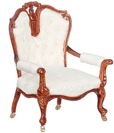 Dollhouse Miniature Armchair, White, Walnut Finish