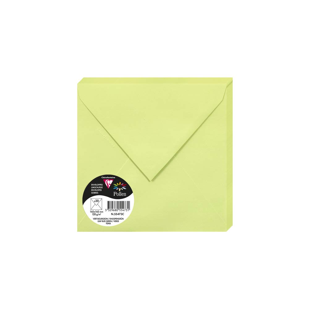 Clairefontaine 55473C Pack of 20 Gummed Envelopes Square (16.5x16.5cm) 120g/m² Leaf Bud Green Invitation Event Correspondence Pollen Range Premium Smooth Paper — image 1