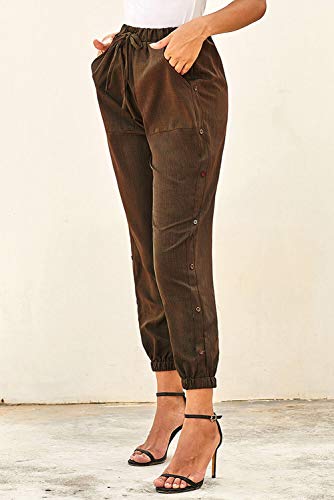 NEWFANGLE Women\'s Linen Casual Pants Drawstring Elastic Waist with Pockets Solid Comfy Loose Fit Trousers,Brown,XXL