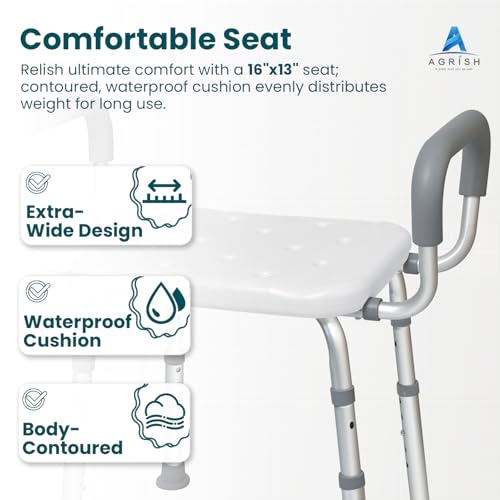 Shower Chair for Elderly and Disabled with Removable Armrests - Height Adjustable, Sturdy Non-Slip Bathroom Stool Supports up to 350 lbs for Shower and Tub