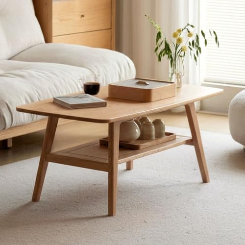 YESWOOD Solid Oak Coffee Table, Living Room Table with Storage 2 Levels, Solid Wood Coffee Table Ideal for Living Room, 80 x 50 x 44 cm, Natural Oak