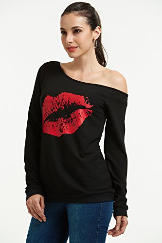 MAGICMK Women's Sexy Pullover Lips Print Casual Off The Shoulder Slouchy Shirt (L, Black+Red) - Thumbnail 3