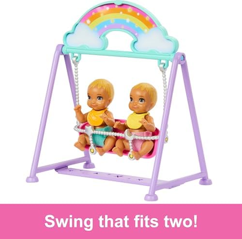 Boneca Twin Kangaroo Skipper com Vestido de Coração Roxo, Berço, Baloiço e Acessórios de Brincadeira para bebés, brinquedo +4 anos (HXM99)