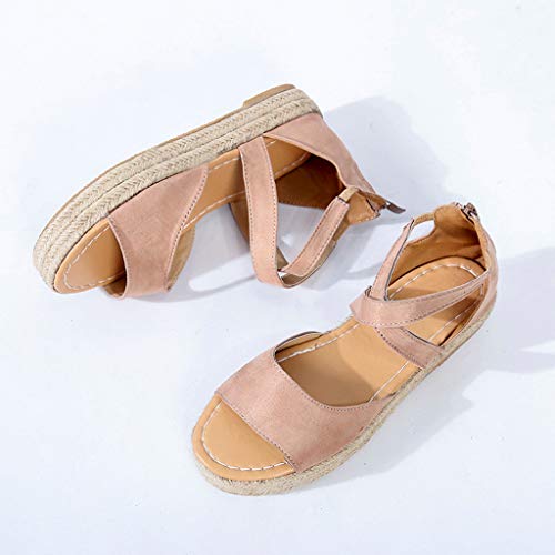 Caopixx Womens Flatform Espadrille Strappy Open Toe Flat Platform Ankle Sandals Buckle Flats Sandals Pink
