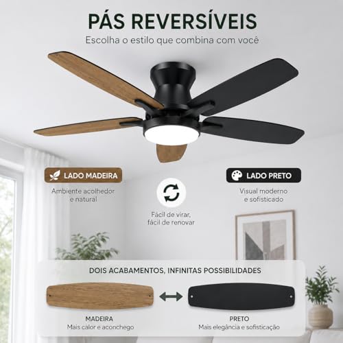 Ventilador de Teto de Embutir com Luz 42 Polegadas, Controle Remoto, Motor Reversível, 6 Velocidades, LED Dimerizável, Silencioso para Quarto e Sala
