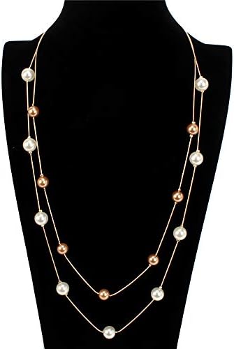 レディースネックレスジュエリー 女性女の子二重層ストランドプラスチックパールビーズステートメントボヘミアロングセーターネックレスウェディングギフト エレガント 贈り物 人気 女性の結婚式 色 White Gold Neotek Ru