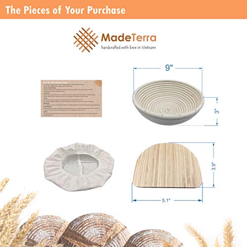9 inch Banneton Proofing Baskets for Sourdough Bread Baking | Round Brotform Bread Proofing Basket Set with Bamboo Dough Scraper & Cloth Liner | Food-Safe Bread Proofing Bowls for Rising