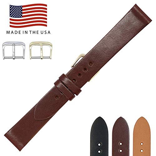 20mm Long British Brown - English Bridle Leather - Flat Watch Strap Band - Gold & Silver Buckles Included  Factory Direct - Made in USA by Real Leather Creations FBA241