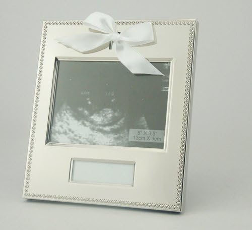 "First Scan" Baby Picture Frame with Date/ Name and beautiful white ribbon detail