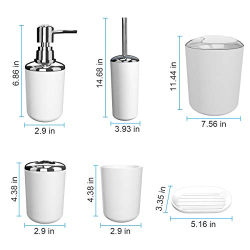 Bathroom Accessories Set 6 Pieces Plastic Bathroom Accessories Toothbrush Holder, Rinse Cup, Soap Dish, Hand Sanitizer Bottle, Waste Bin, Toilet Brush with Holder (White)