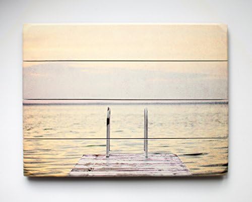 Lake House Wall Decoration, Pink Lake with Rustic White Dock Wood Plank Sing, Various Sizes