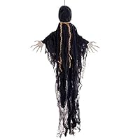 Halloween Haunters Life-Size Animated Hanging Faceless Speaking Reaper Prop Decoration - 4 Phrases, Moving Arms, Death by Hanging Noose - Battery Operated