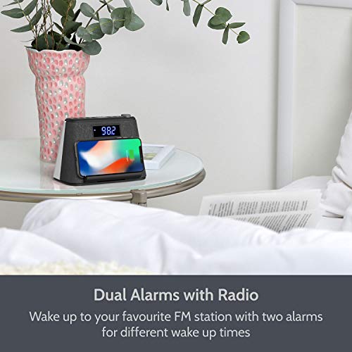 Alarm Clock Bedside Non Ticking LCD Alarm Clock with USB Charger & Wireless QI Charging, Bluetooth Speaker, FM Radio, RGB Mood LED Night Light Lamp, Dimmable Display and White Noise Machine - Thumbnail 2