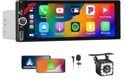 Wireless Car Radio CarPlay 1 DIN – 6.86 Inch Touchscreen Stereo Bluetooth with Screen, 1 Din Car Play Radio Supports Mirror Link with Camera, RDS FM Radio/Type-C Recharge/Mic/SWC