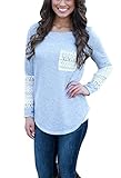 Women Cotton Casual Crewneck Solid Long Sleeve T-shirt Tops with Pocket