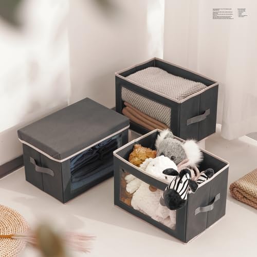 Homsorout Fabric Storage Boxes with Lids - 3 Pack Wardrobe Storage Organiser Bins with Transparent Window, Foldable Cube Storage Baskets for Toy, Clothes, Shoe, Books, Dark Grey