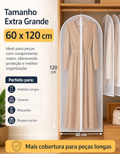 kit 5 Capa Protetora para Roupas com Zíper Transparente 60x120cm – Anti Poeira, Anti Mofo, para Terno, Vestido, Casaco, Jaqueta e Guarda-Roupa (5)