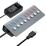 Powered USB 3.0 Hub,Aluminum 8 Port USB Data Charging Hub Splitter with12V/4A Power Adapter,Individual Power Switches and LED Indicators (4.9ft Extended Cable)