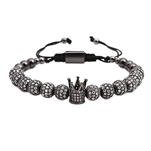 Cutenation Imperial Crown King 18K Gold CZ Beads Bracelet Luxury Charm Fashion Bangle for Men Women (Single Black)