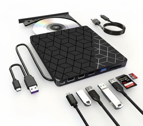 vvia External CD DVD Drive, Ultra Slim CD Burner USB 3.0 with 4 USB Ports and 2 TF/SD Card Slots, Optical Disk Drive for Laptop Mac, PC Windows 11/10/8/7 Linux OS MacBook Pro/Air Desktop PC Player