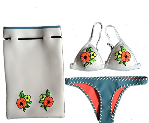 Brakinis Women's Neoprene Bikini Set Swimsuit Swimwear (M, FLOWER WHITE small)