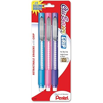 Clic Eraser Grip Retractable Eraser with Grip Fashion Barrel Colors 3-Pk