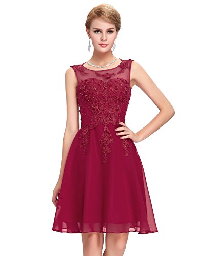 Womens Lace Appliques Formal Party Dress with Beading,Dark Red US-10