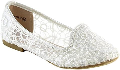 DOTTY ZURICH-K Children's Girls Sequin Deco Lace Detail Slip On Mesh Flats, Color:WHITE, Size:10 M US Toddler