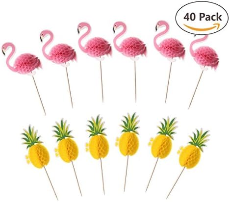 Flamingo Pineapple 3D Cupcake Toppers, Set of 20 Flamingo Toppers and 20 Pineapple Toppers, Luau Tropical Hawaiian Pool Party Supplies, Wedding, Birthday Cake Decorations