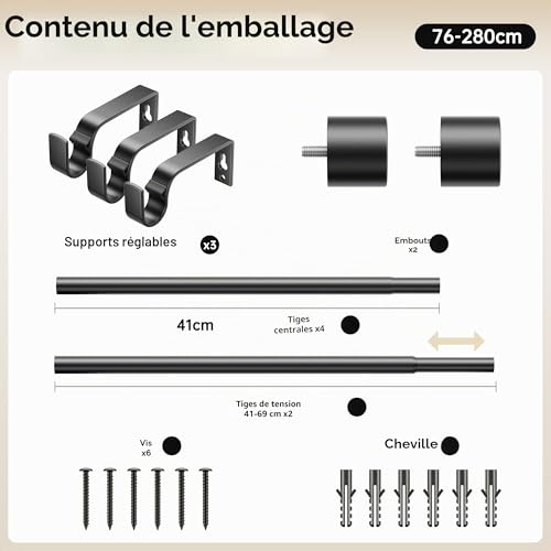 76-280cm Extendable Curtain Rods, 19mm Diameter Adjustable with Eyelet Finials, Elegant Bedroom Decorative Rods