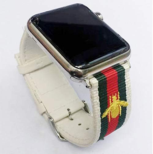 mortree Sport Band Compatible with Iwatch,Replacement Wristband Green and Red Striped Nylon Strap with Embroidered Golden Bees,Back Leather Band for Iwatch Series 1/2/3/4 (W/G/R, 42mm or 44mm)