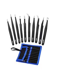 Juego de pinzas de precisión, vida fácil, juego de 10 pinzas ESD, pinzas antiestáticas de acero inoxidable, antimagnéticas con bolsa de almacenamiento para manualidades, reparación de electrónica, reparación de joyas, trabajo de laboratorio, etc.