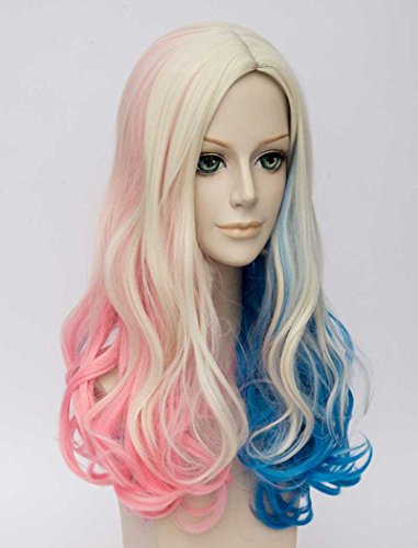 Tsnomore Pink and Blue Mixed Long Curly Suicide Squad Harley Quinn Cosplay Wig with Ponytails (layered curly)
