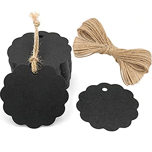 G2PLUS Scalloped Kraft Gift Tags - 6CM Blank Paper Labels - Black Hang Tag with Jute Twine, Perfect Hang Tag for Art & Craft Project