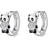 Tiny Panda CZ Cartilage Small Hoop Earrings for Women Little Cute Sterling Silver Plated Animal Mini Sleeper Huggie Hoops Hypoallergenic Round Cirlce Piercing Hooped Fashion Jewelry Gift